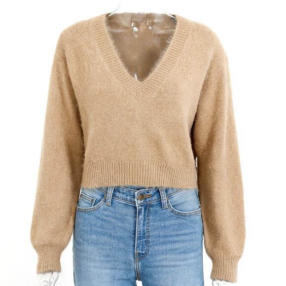 Emerson Lang Fuzzy Knit Sweater Women’s Large Beige V-Neck Soft Pullover - Picture 1 of 9